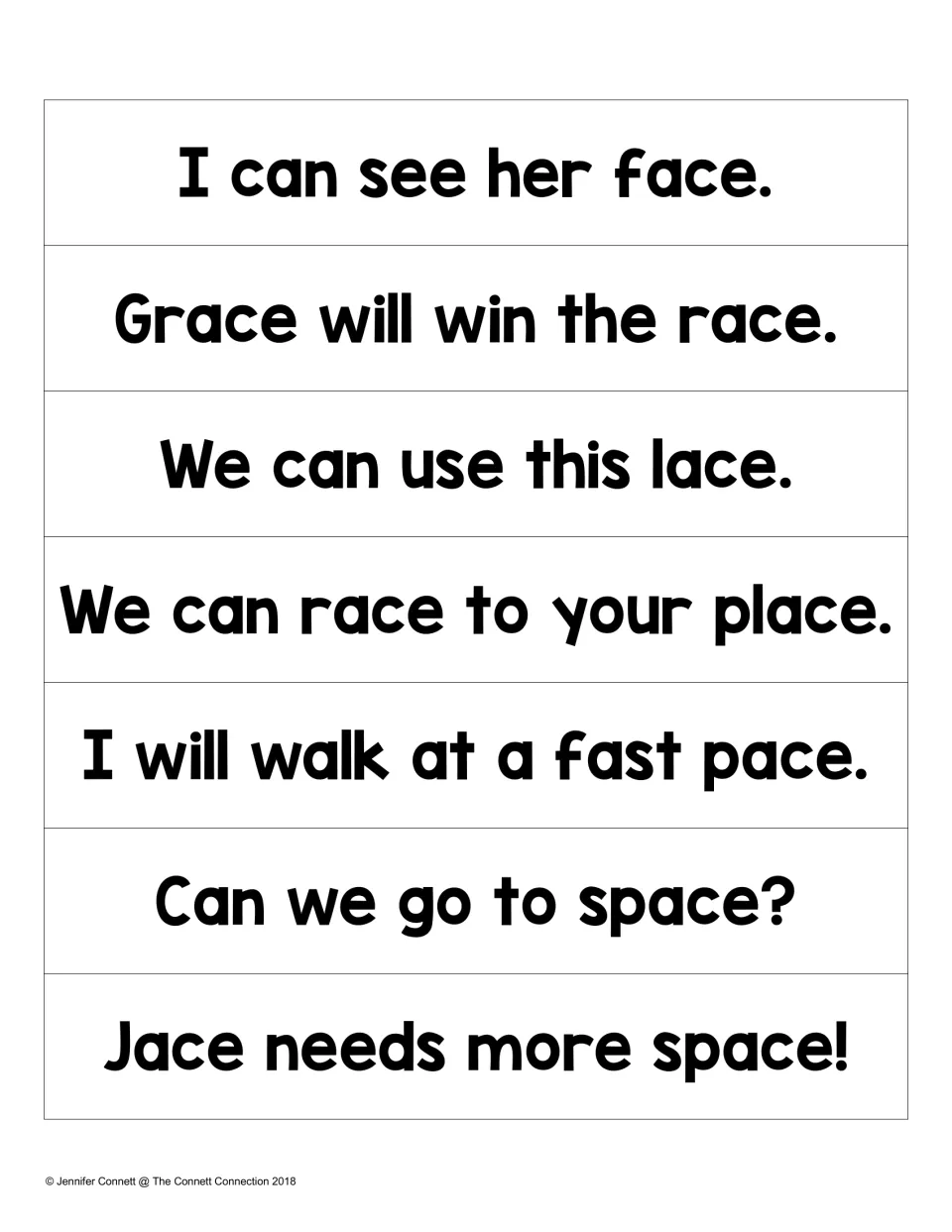 -ace sentence strips: seven sentences to read aloud, such as Grace will win the race and Jace needs more space!