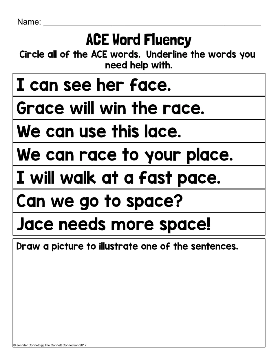 ACE Word Fluency sentences: students circle -ace words, underline tricky words, then draw one of the seven sentences