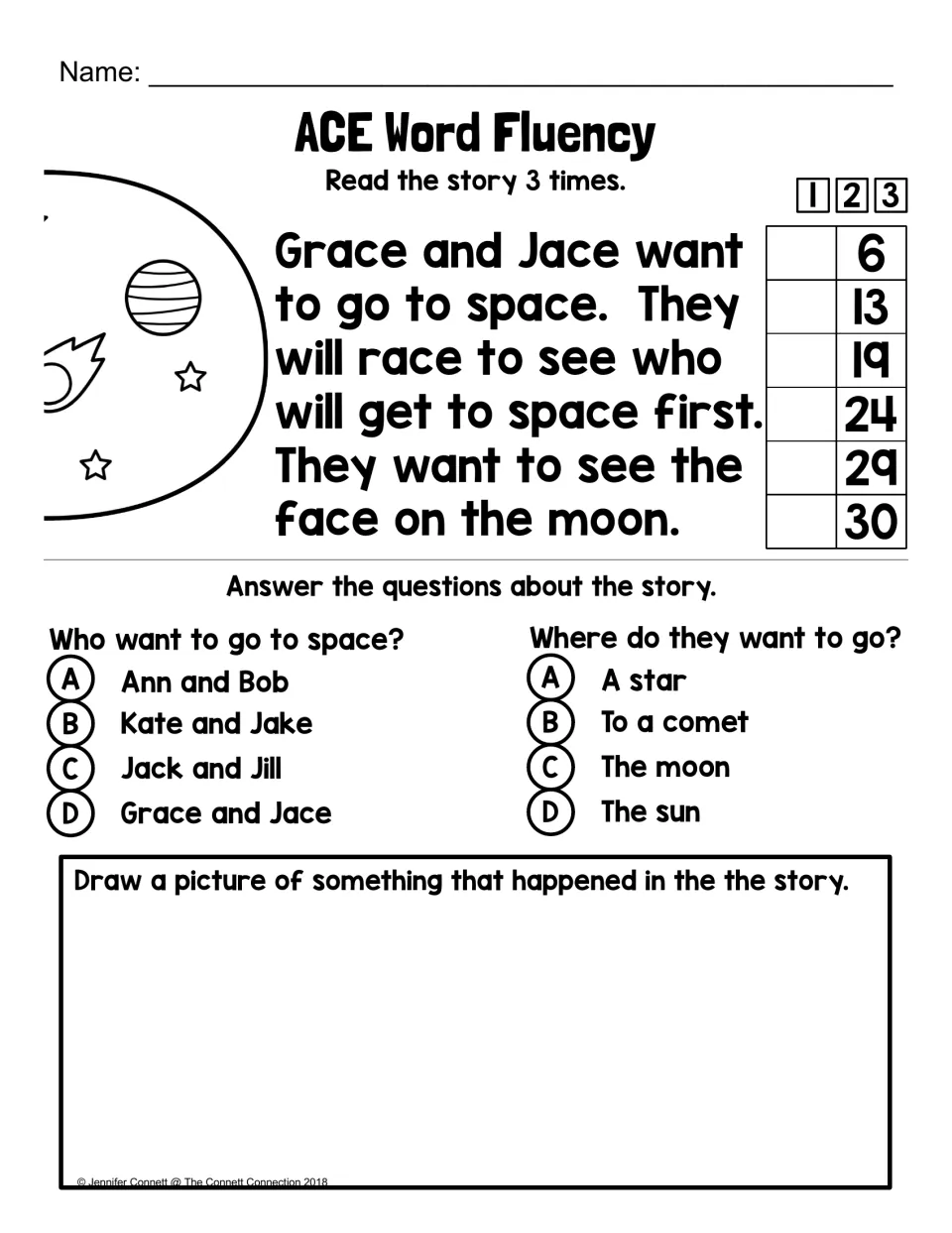 Grace and Jace space story: students read it 3 times, answer two multiple-choice questions and draw a story event
