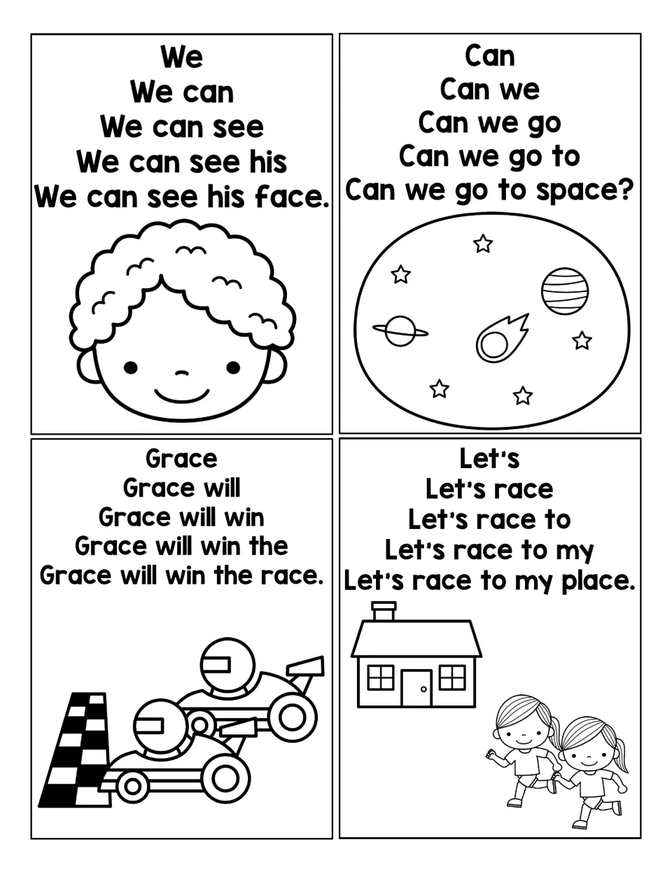 -ace pyramid sentences: students read word by word up to his face, go to space, win the race and race to my place