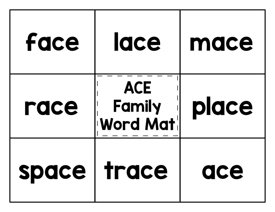 ACE Family Word Mat: -ace word family words face, lace, mace, race, place, space, trace and ace for picture matching