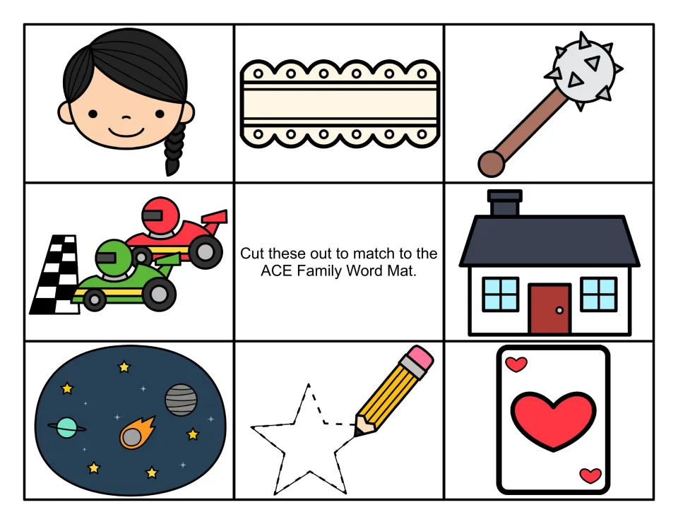 Color picture cards to cut out for the -ace word mat: face, lace, mace, race cars, house, space, star tracing, an ace card