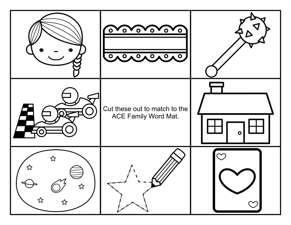 Black-and-white picture cards to cut out and match to -ace words: face, lace, mace, race, place, space, trace and ace