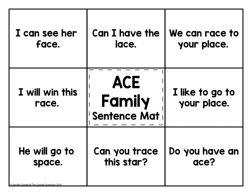 ACE Family Sentence Mat: students read eight -ace sentences such as 'I can see her face' and 'Do you have an ace?'