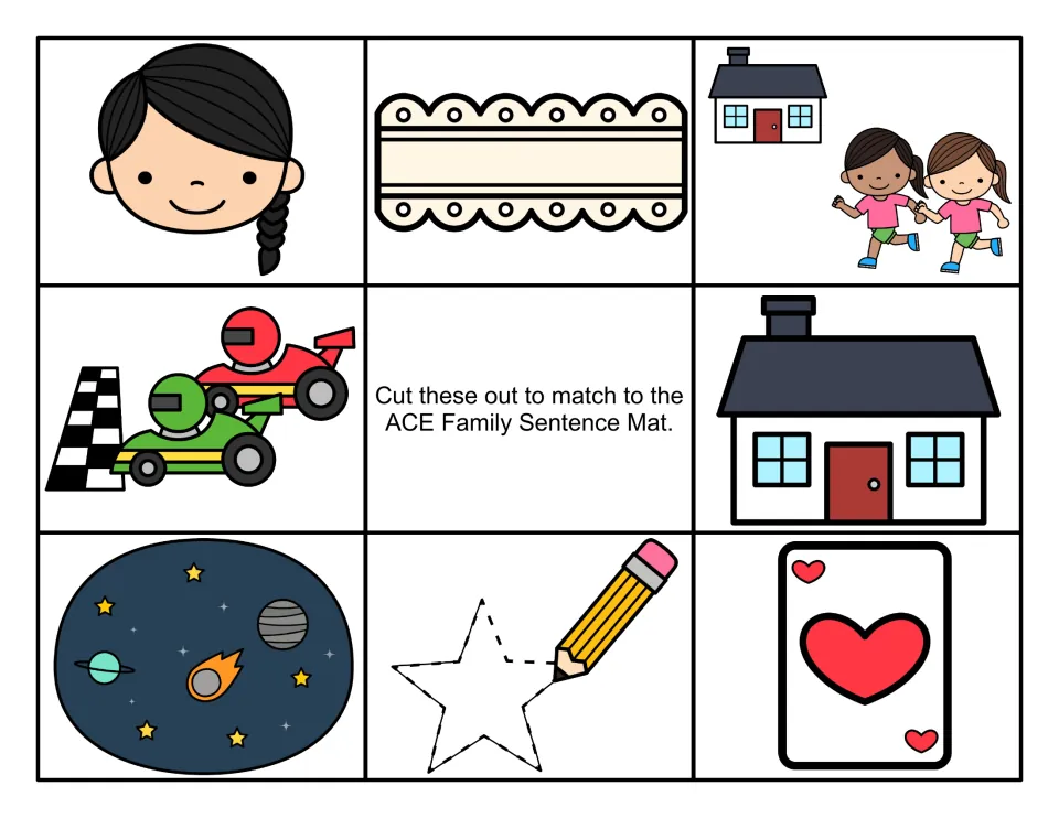 Color cards to cut out and match to the -ace sentences, including children racing to a house and a traced star