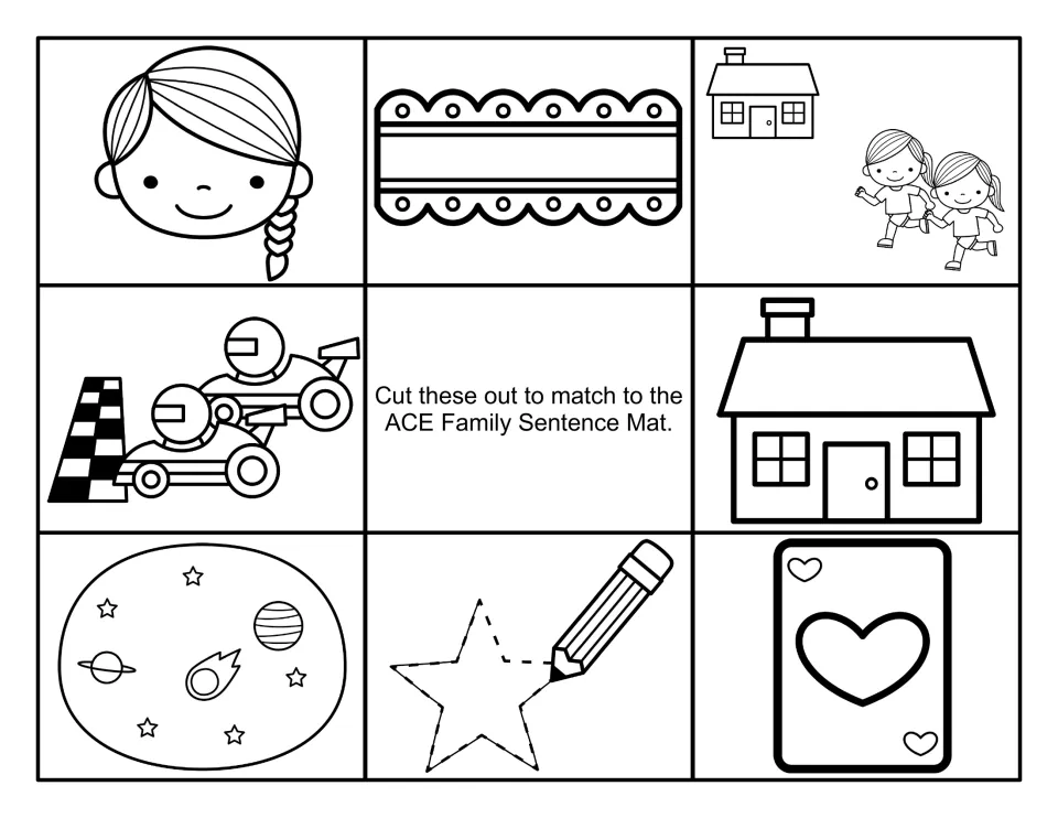 Black-and-white sentence-matching cards: a face, lace, kids racing home, race cars, house, space, a traced star, an ace