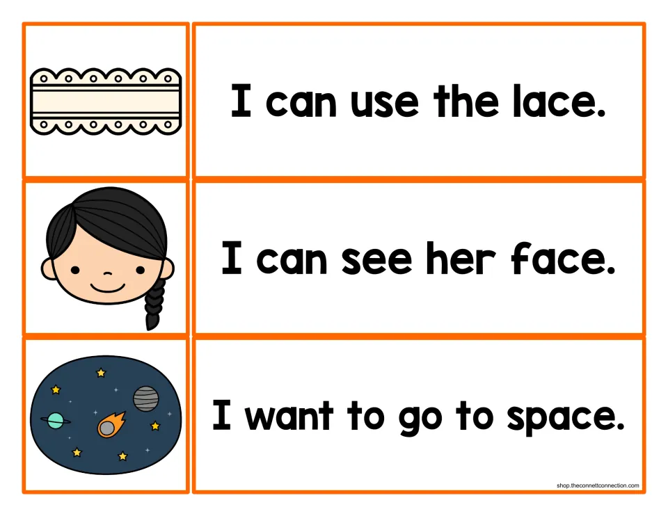 -ace word family cards: students match lace, face and space pictures to sentences like I want to go to space.