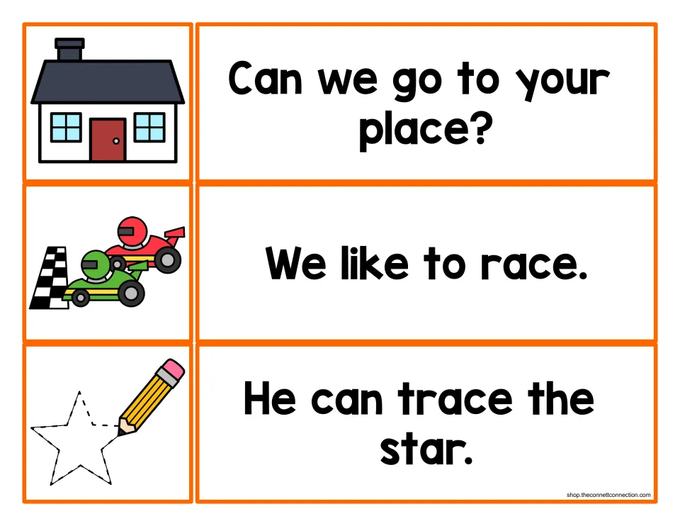 -ace sentence matching: students pair house, race car and star tracing pictures with place, race and trace sentences