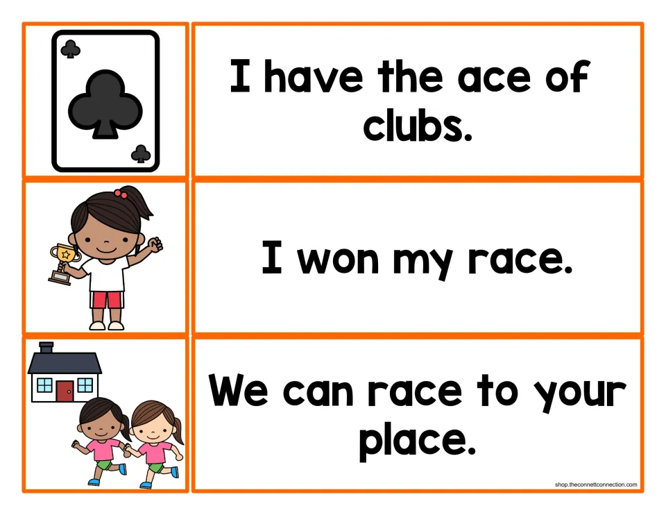 -ace word sentences: students match an ace of clubs card, a girl with a trophy and two running kids to their sentences