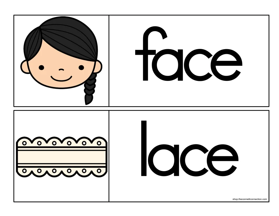 -ace word family cards for face and lace, each word in black print beside a picture of a smiling girl or a strip of lace