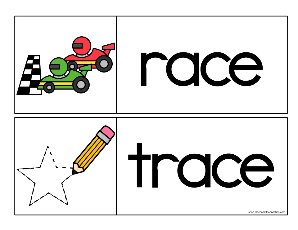 -ace word family cards for race and trace, shown with two race cars at a checkered flag and a pencil tracing a star