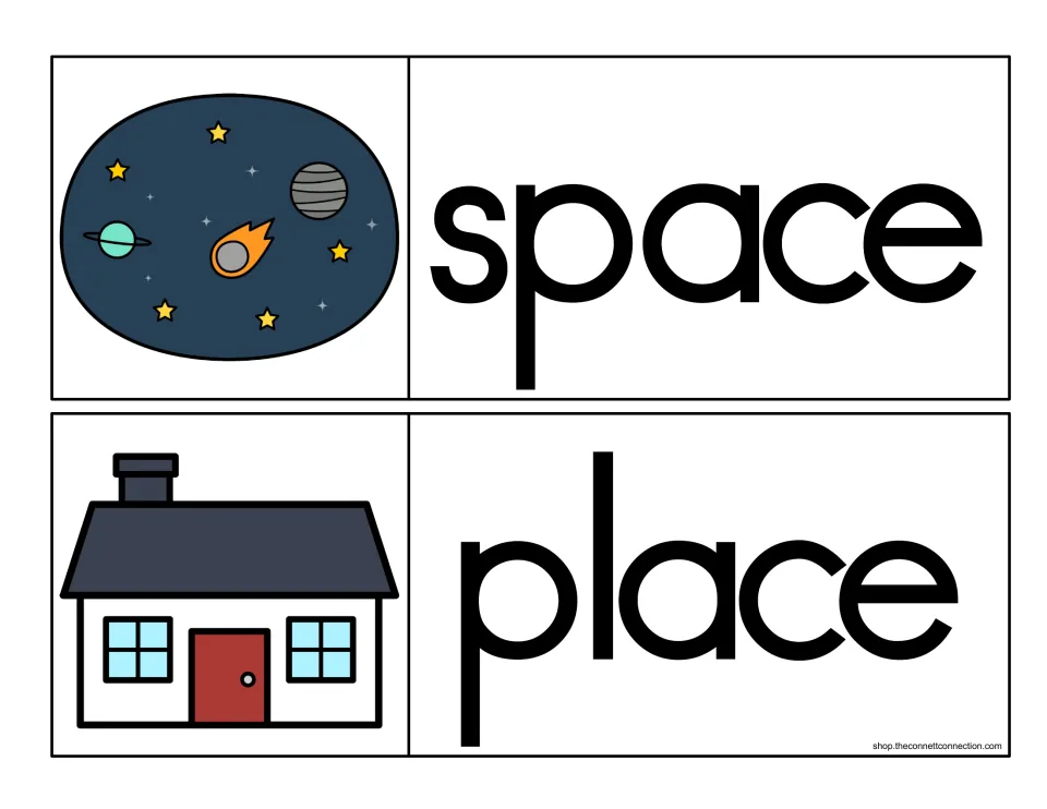 -ace word family cards for space and place, paired with a starry outer space scene with planets and a small house