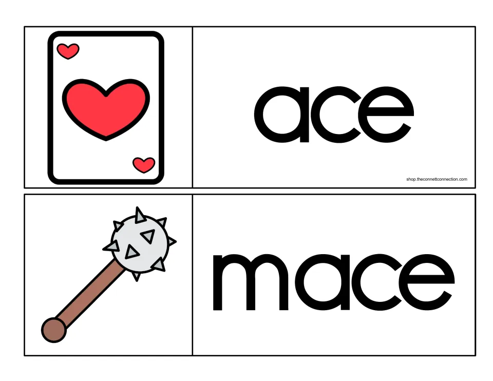 -ace word family cards for ace and mace in all-black letters, pictured with a heart playing card and a spiked mace