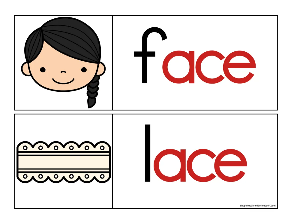 Rime-highlighted cards for face and lace: the onset f or l is black and the -ace ending is red, beside matching pictures