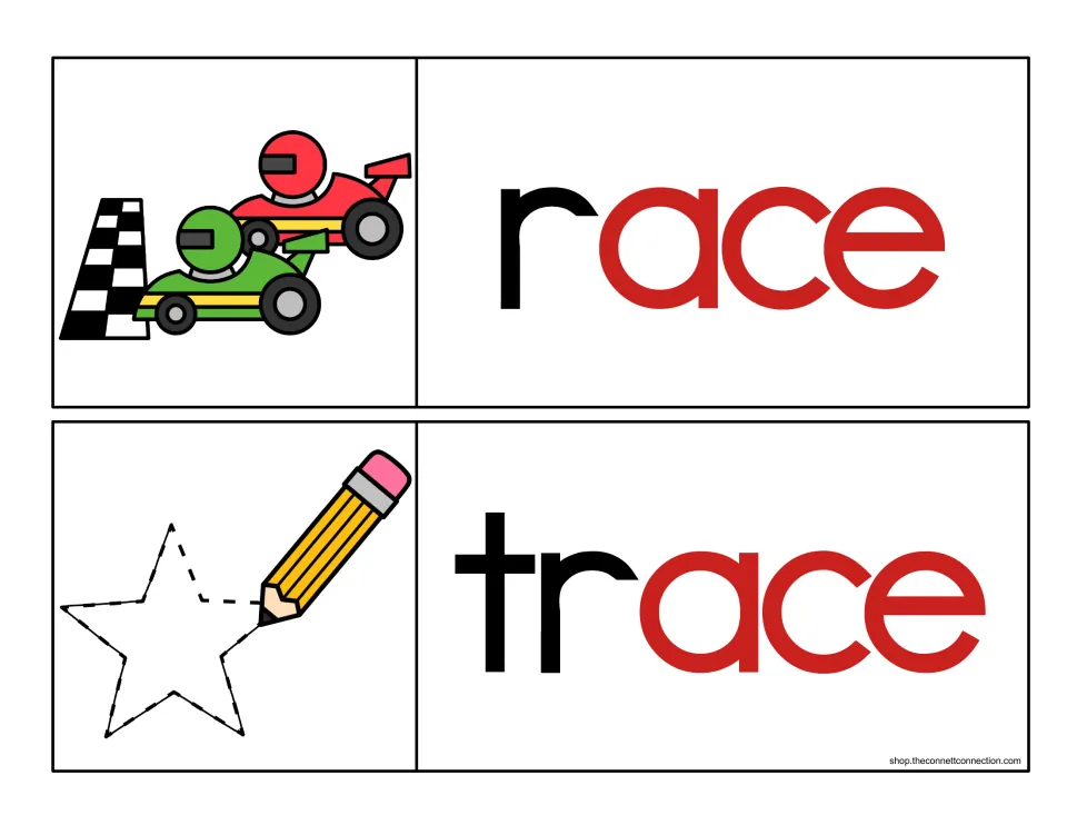 Rime-highlighted cards for race and trace, with r and tr in black and -ace in red, beside race cars and a traced star