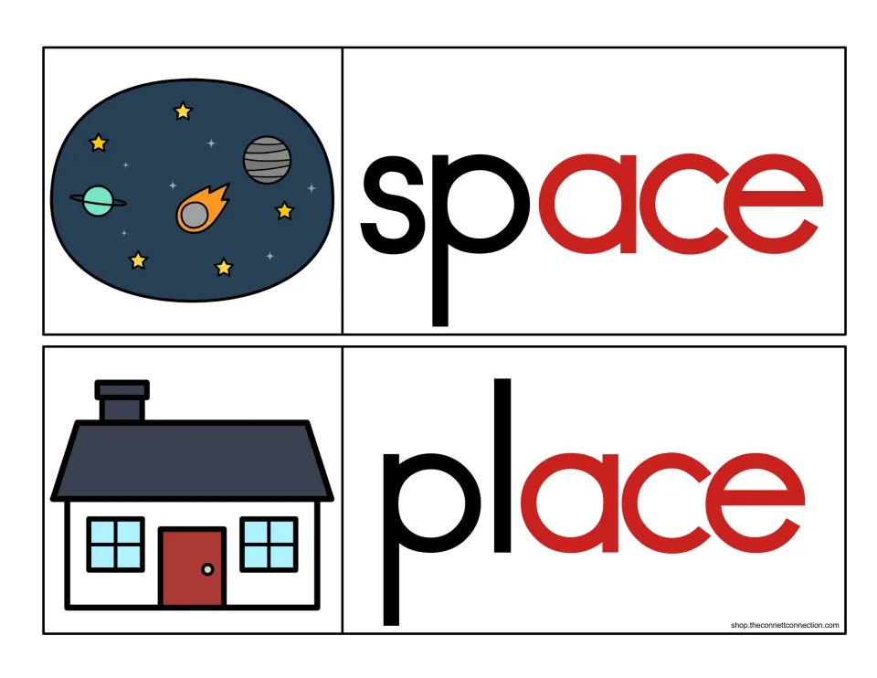 Rime-highlighted cards for space and place, with sp and pl blends in black and -ace in red, beside planets and a house