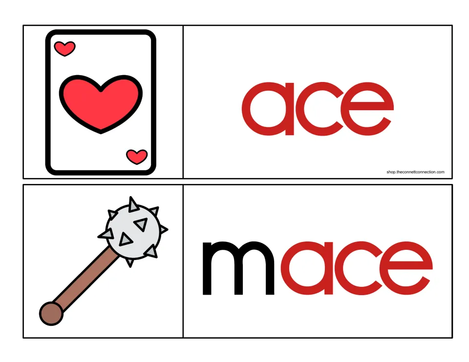 Rime-highlighted cards: ace all in red and mace with a black m and red -ace, beside a heart card and a spiked mace