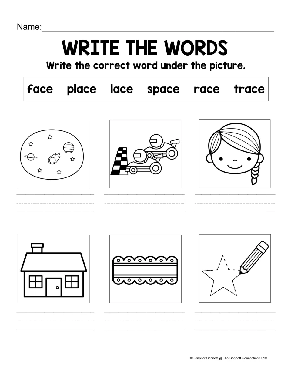 ACE word family: students write face, place, lace, space, race or trace under each of six matching pictures