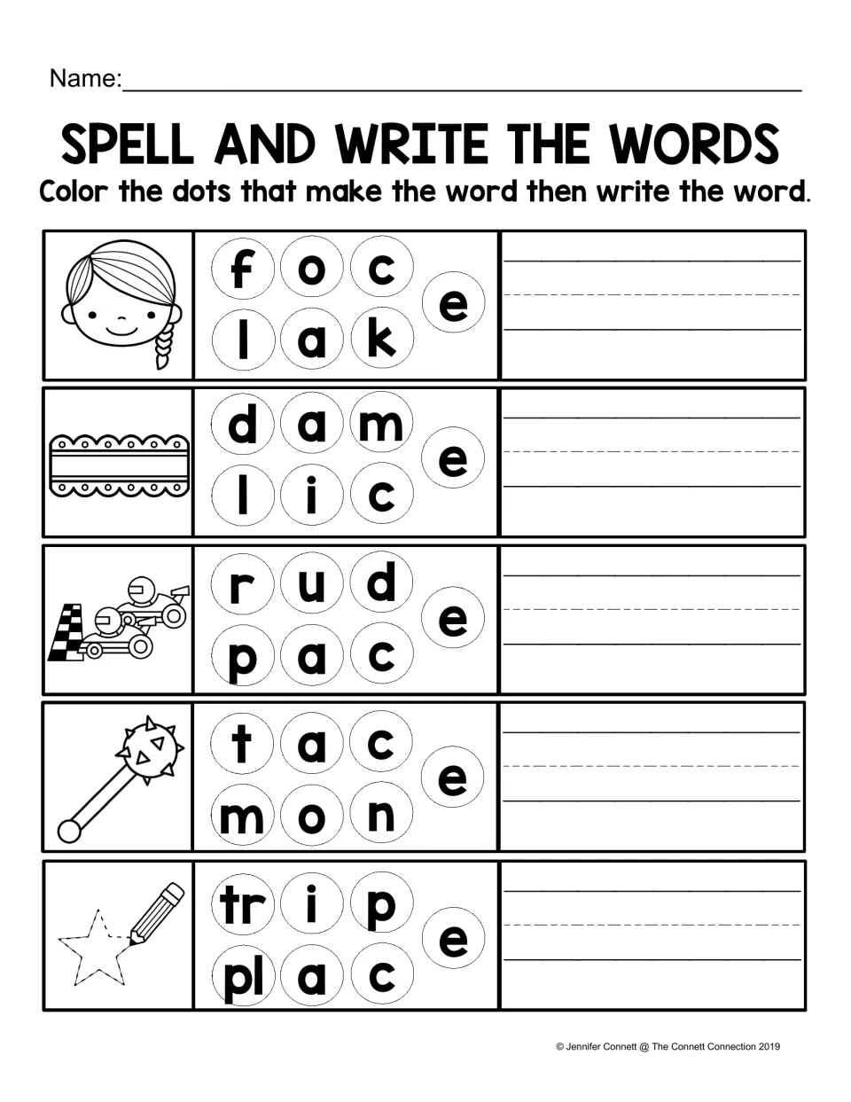 ACE word spelling: students color the letter dots that spell face, lace, race, mace and trace, then write each word
