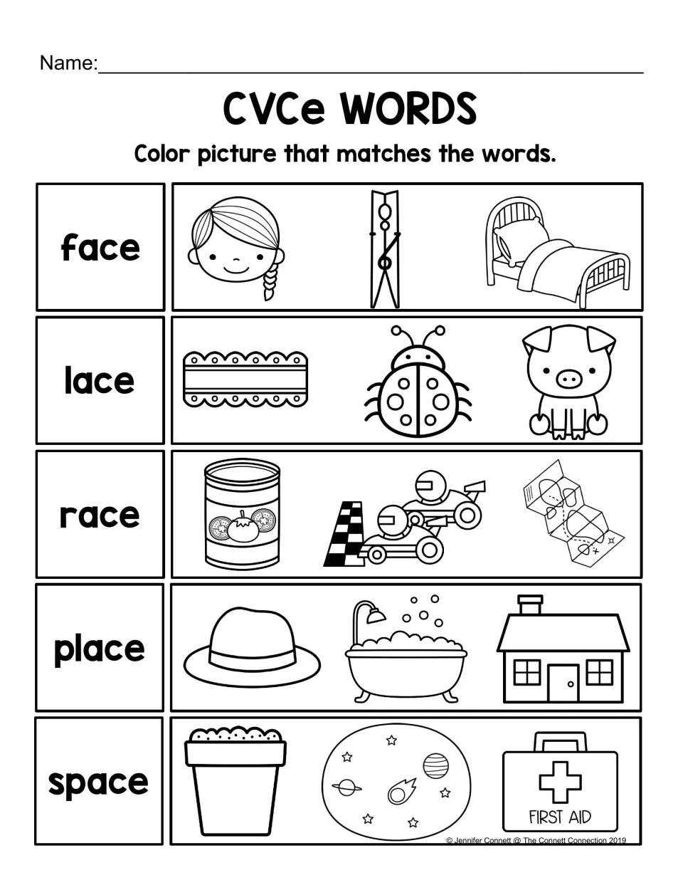 CVCe words face, lace, race, place and space: students color the one picture of three that matches each word