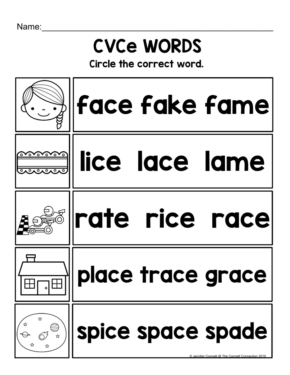 CVCe word choice: students circle the word that names each picture, such as face from face, fake, fame