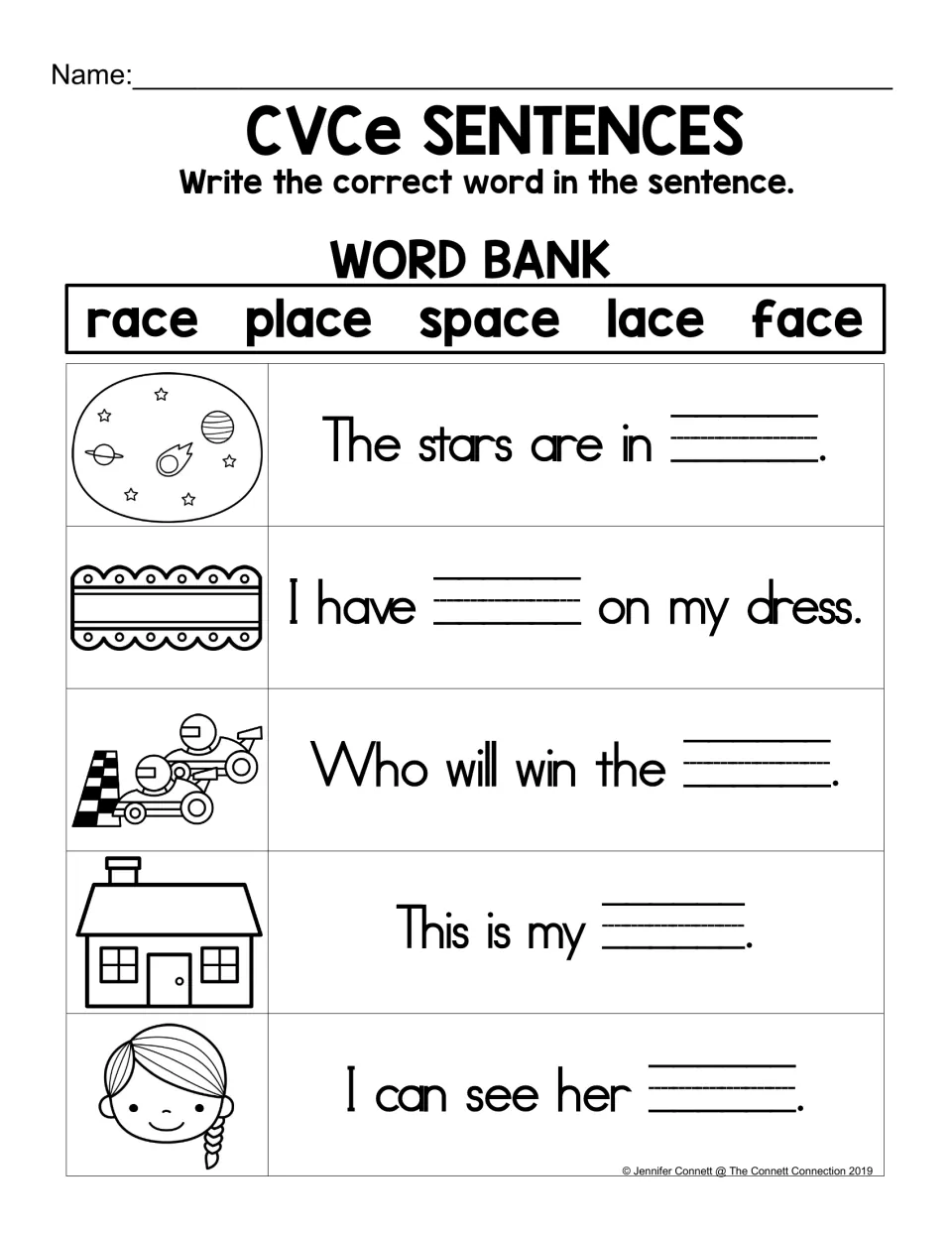 CVCe sentences: students complete five picture-supported sentences using race, place, space, lace and face