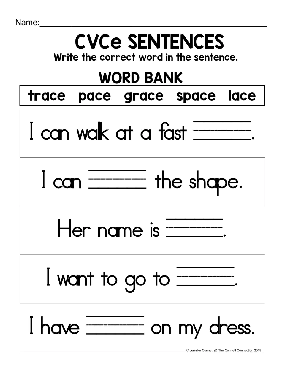CVCe sentences without pictures: students complete five blanks using trace, pace, grace, space and lace