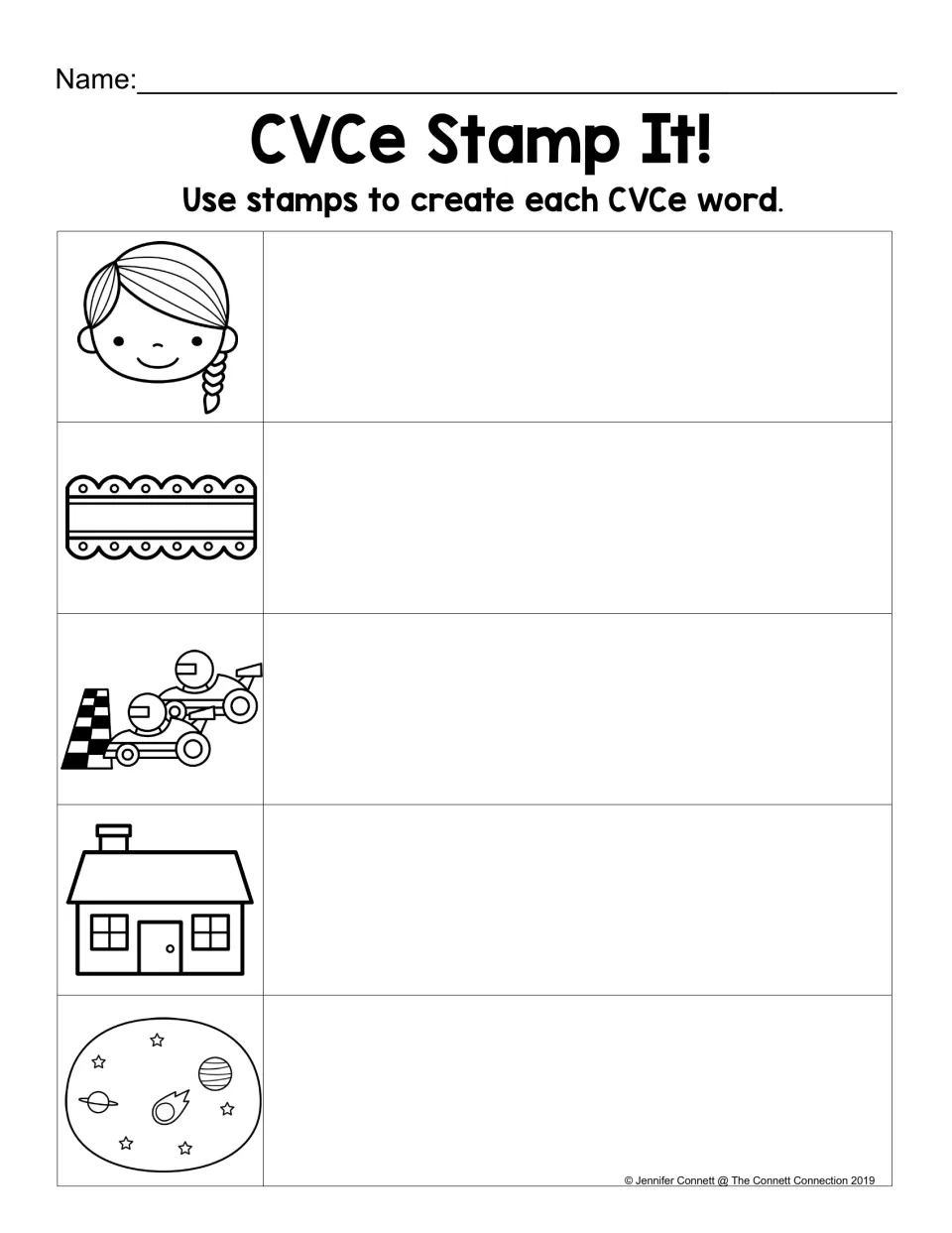 CVCe Stamp It!: students use letter stamps to build face, lace, race, place and space beside each picture