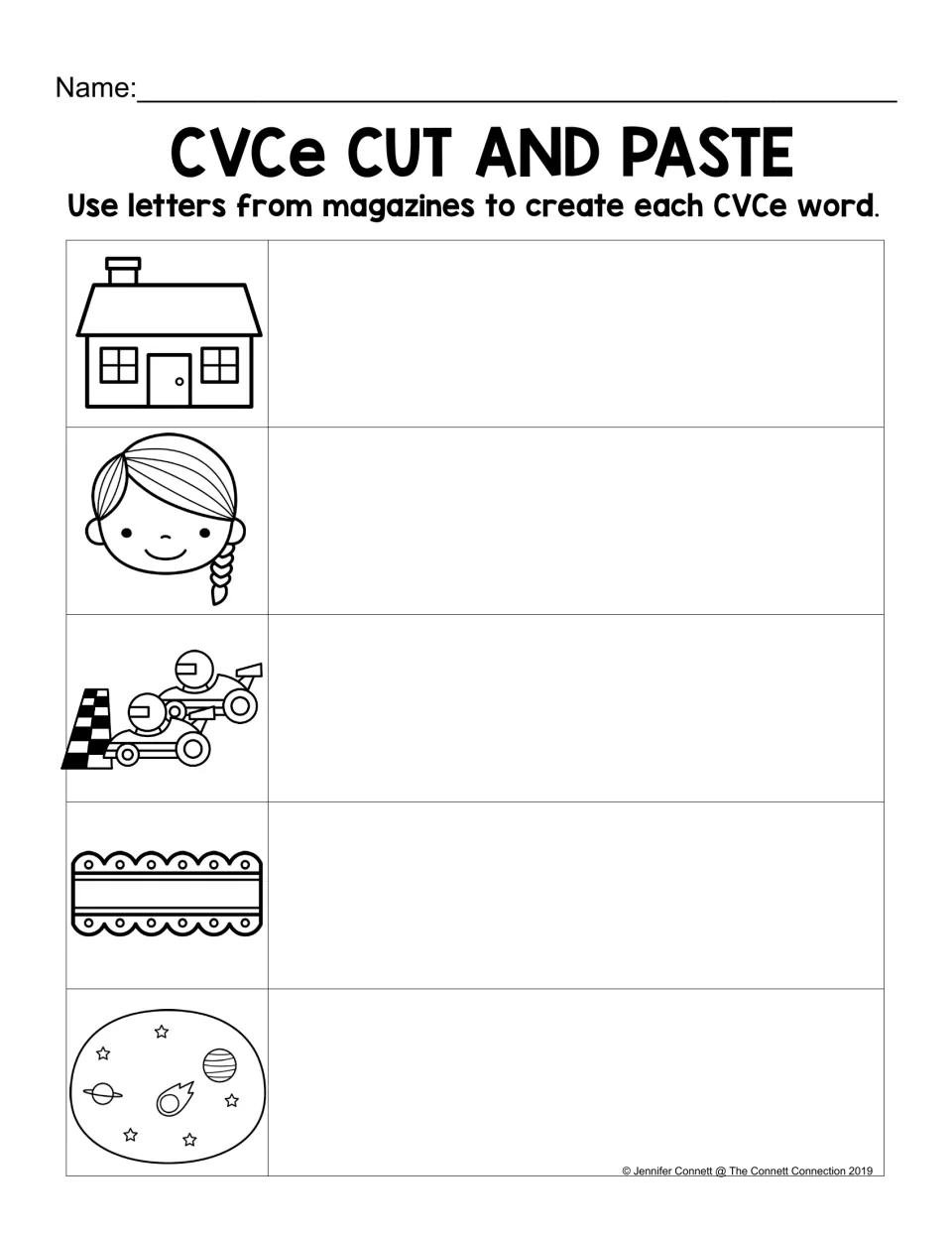 CVCe cut and paste: students cut letters from magazines to build place, face, race, lace and space