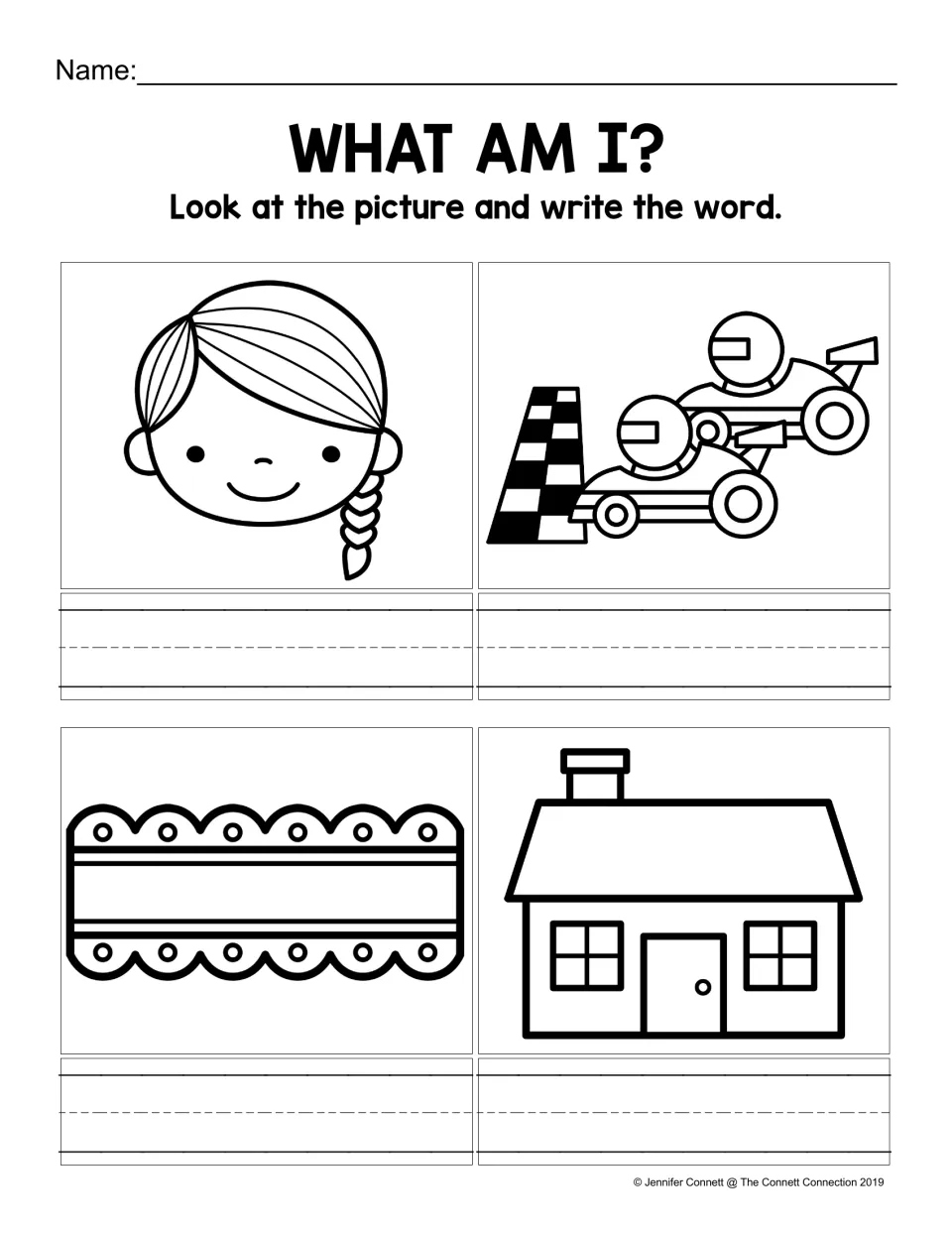 What Am I? picture spelling: students look at a face, race cars, lace and a house and write each ACE word