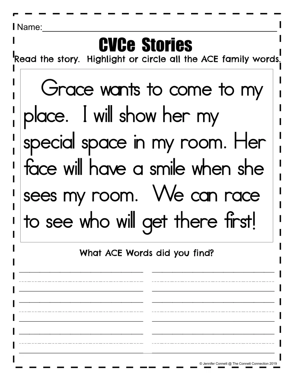 CVCe story about Grace: students read, circle ACE family words such as place, space and race, then list them