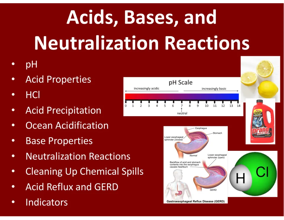 Acids and bases lesson cover listing pH, acid rain, ocean acidification, neutralization, spill cleanup, GERD and indicators