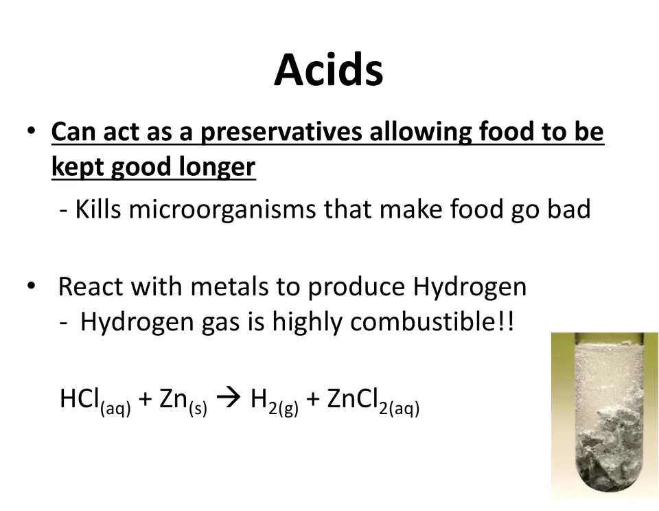 Acids as food preservatives and reacting with metals: HCl and zinc produce hydrogen gas, shown in an equation