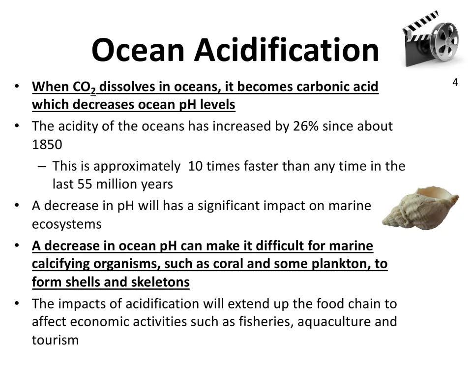 Ocean acidification: dissolved CO2 forms carbonic acid, lowering ocean pH and making it hard for coral to build shells