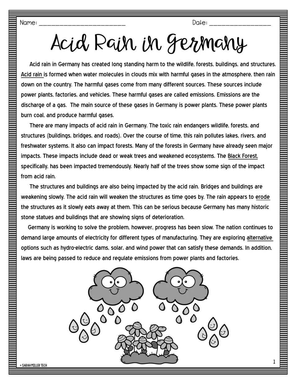 Reading passage on German acid rain: causes from coal power plants, harm to the Black Forest, eroding buildings, solutions