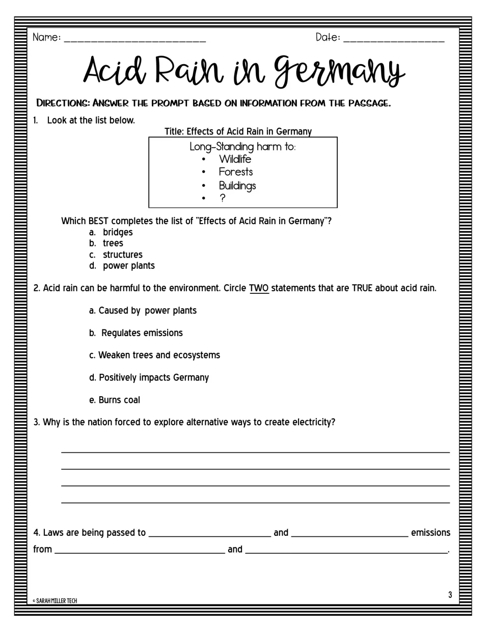 Comprehension questions on acid rain: multiple choice, circle two true statements, short answer and fill-in-the-blank