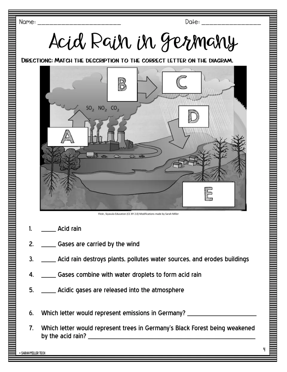 Acid rain diagram labeling: students match five descriptions to letters A to E on a power plant scene, plus two questions