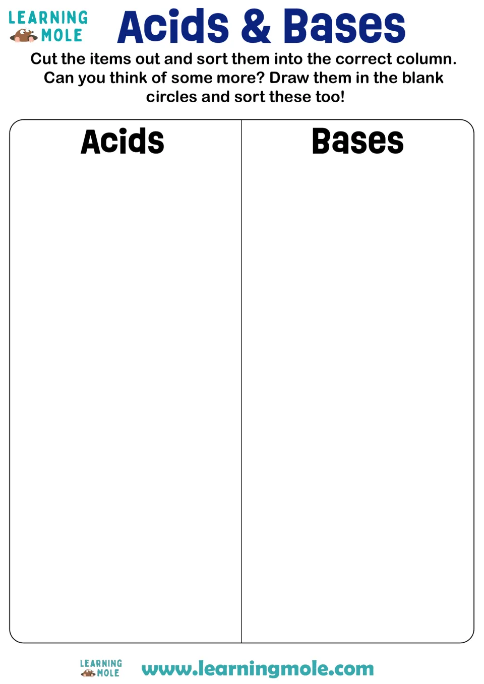 Acids and bases sort mat: students glue cut-out household items under Acids or Bases, then draw and sort their own