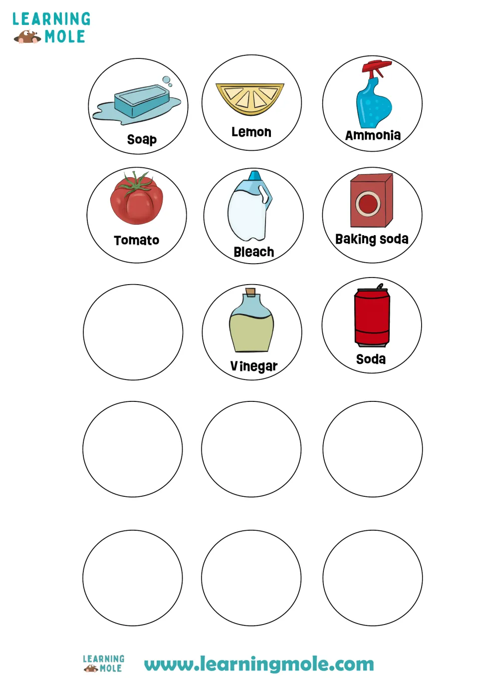 Cut-out circles: soap, lemon, ammonia, tomato, bleach, baking soda, vinegar and soda to classify, plus 7 blank circles