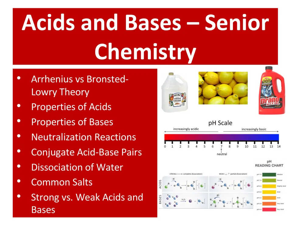 Cover listing Arrhenius vs Bronsted-Lowry theory, acid and base properties, neutralization, salts and a pH scale