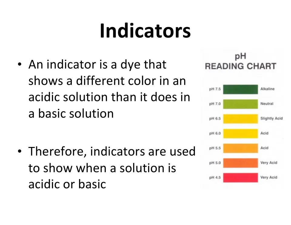 Indicators: dyes that change color in acidic versus basic solutions, beside a pH reading chart from 4.5 to 7.5