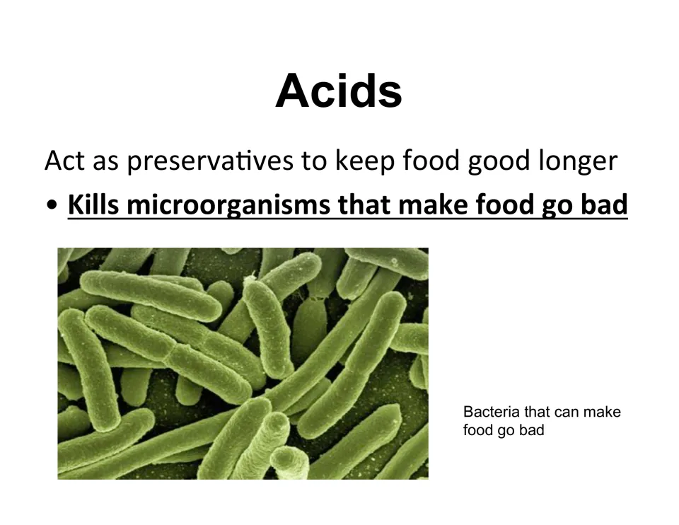 Acids as food preservatives: they kill microorganisms that make food go bad, with a close-up photo of rod-shaped bacteria