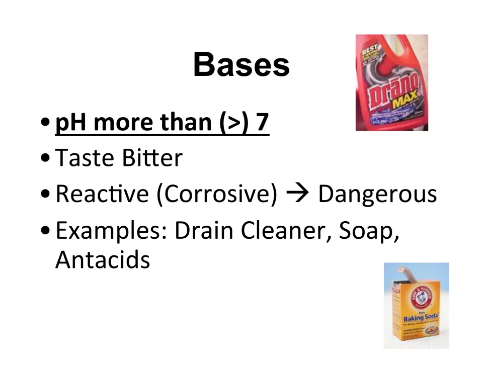 Properties of bases: pH more than 7, bitter taste, corrosive, with drain cleaner, soap and antacids as examples