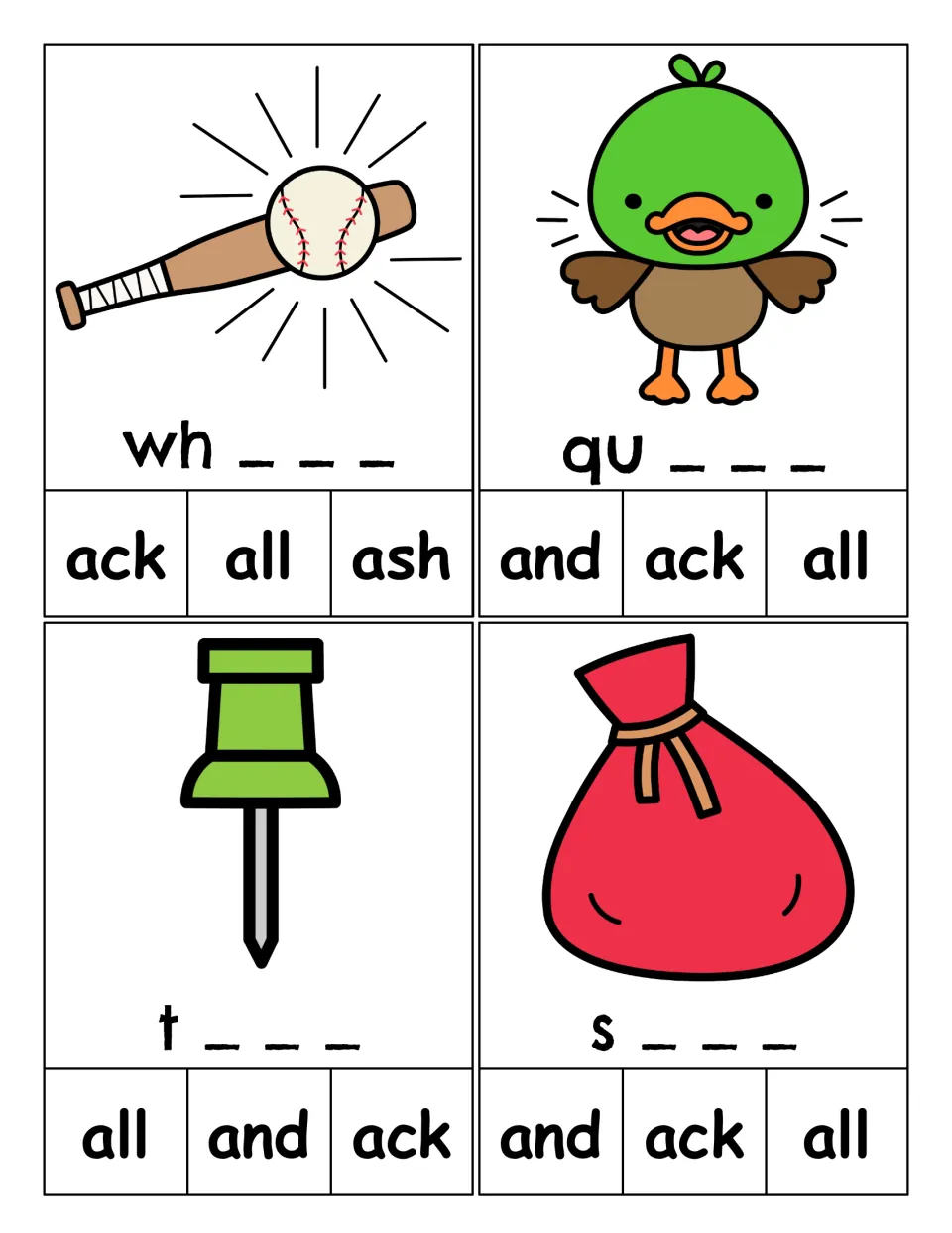 Word-ending clip cards for whack, quack, tack, and sack, with pictures, starting letters, and three choices