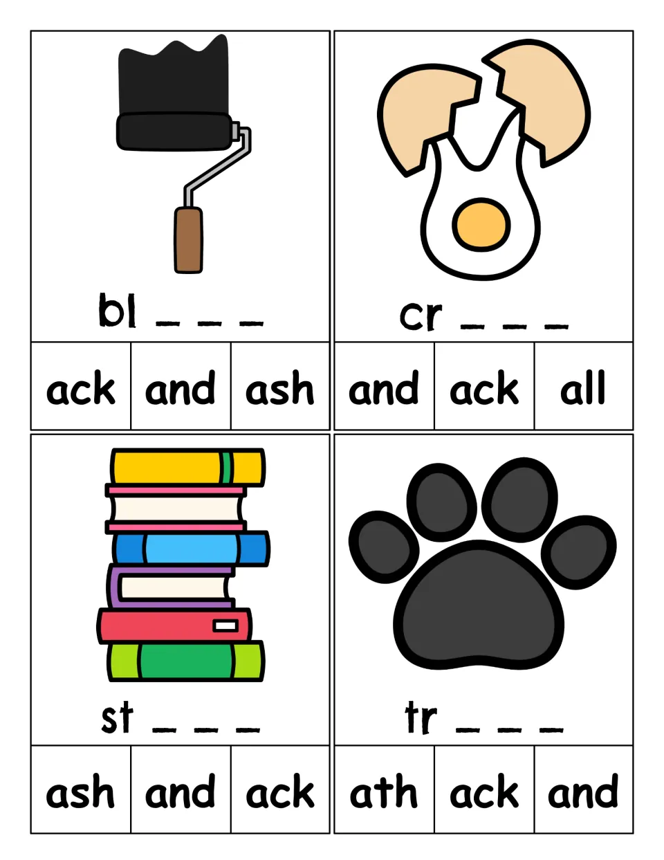 Word-ending clip cards for black, crack, stack, and track, with pictures, initial blends, and three choices