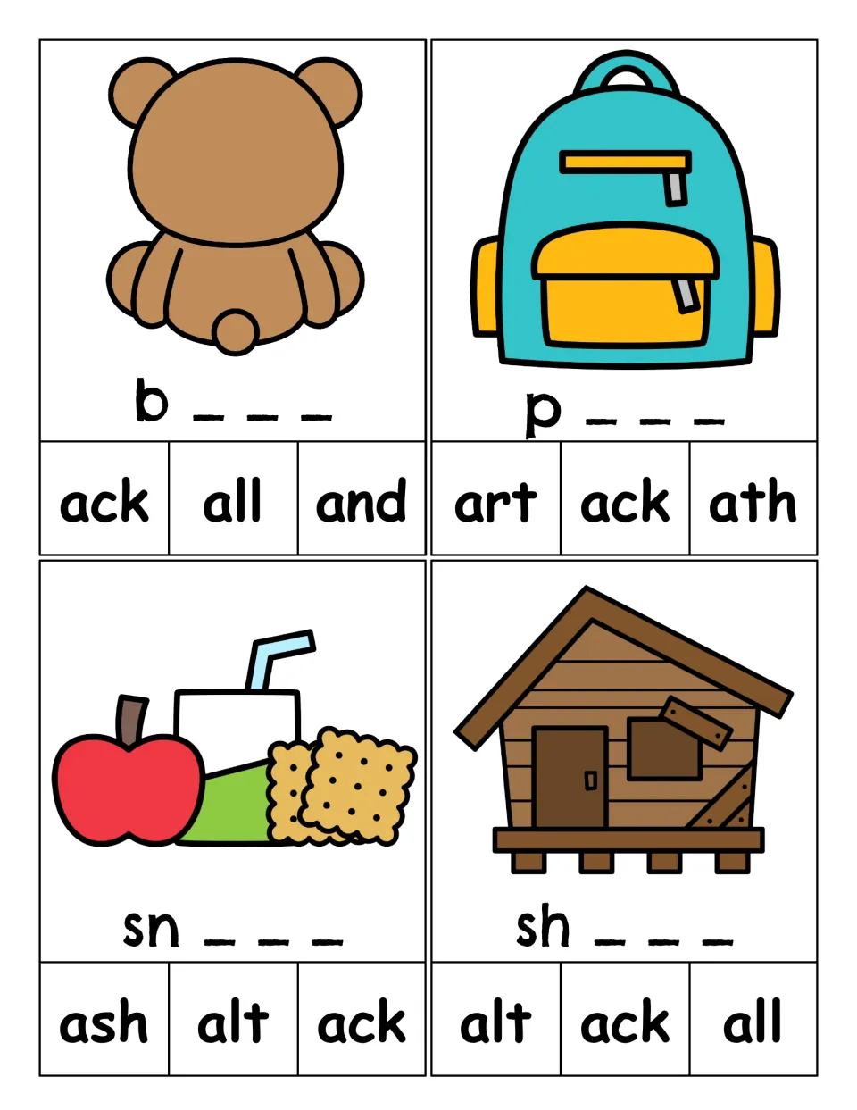 Word-ending clip cards for back, pack, snack, and shack, with pictures, starting letters, and three choices