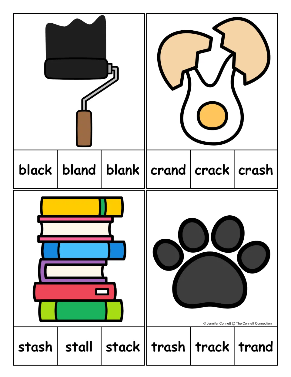 Whole-word clip cards for black, crack, stack, and track, each offering three words with different endings