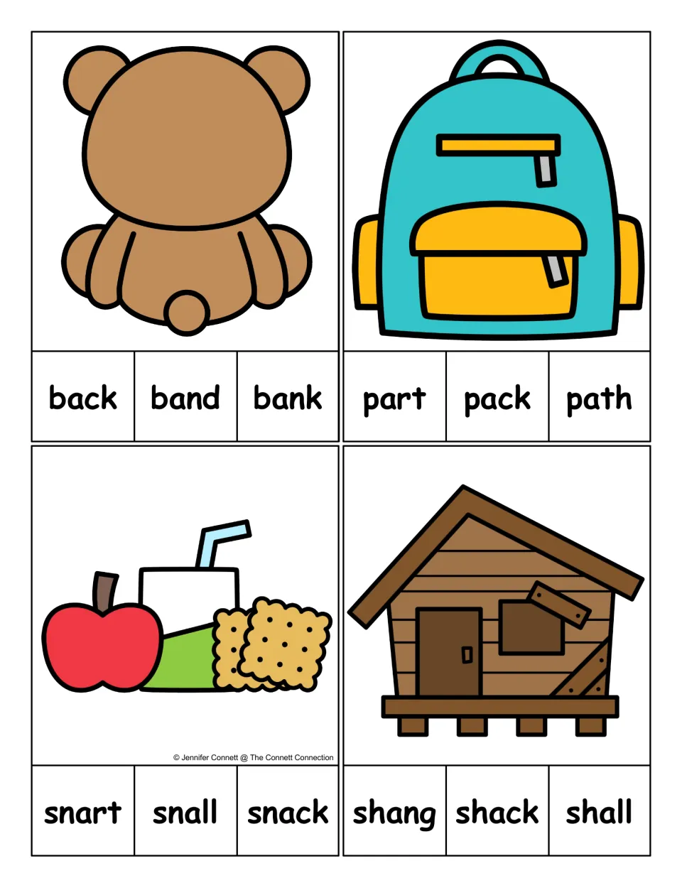 Whole-word clip cards for back, pack, snack, and shack, each offering three words with different endings