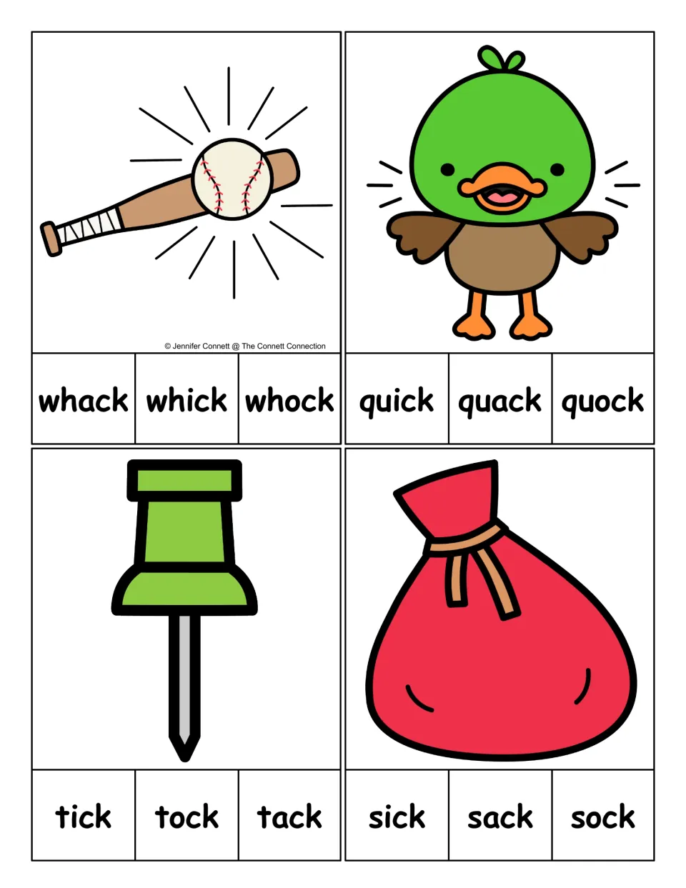 Vowel-choice clip cards for whack, quack, tack, and sack, with picture cues and three words on each card
