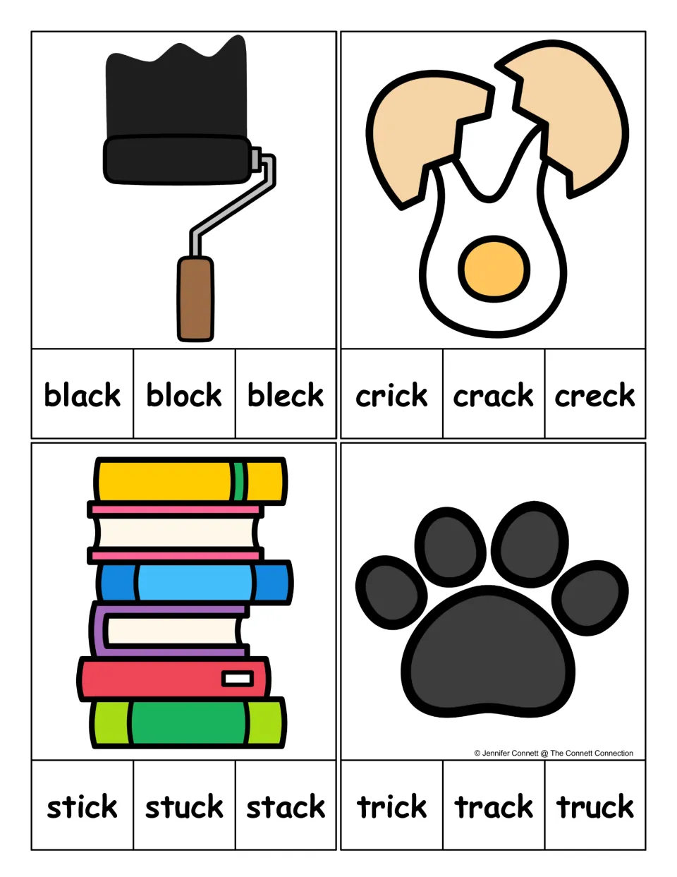 Vowel-choice clip cards for black, crack, stack, and track, with picture cues and three words on each card